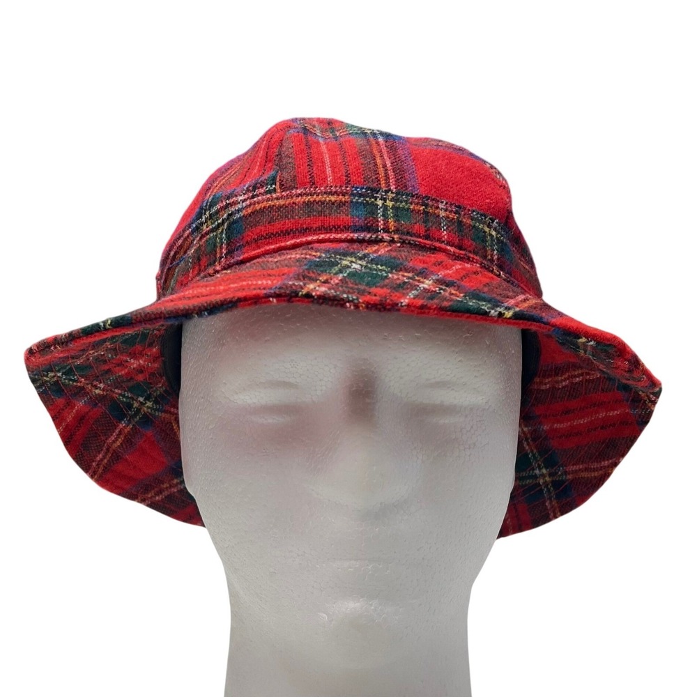 Vintage Tartan Plaid Bucket Hat‎ Men's 6.5 SMALL Red Flannel Wide Brim - USA 80s